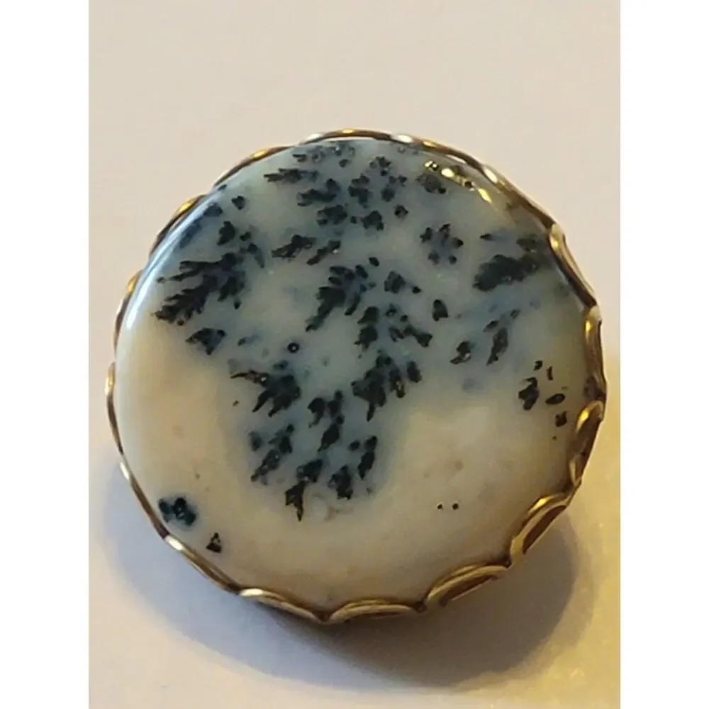 Vintage Estate Cabochon Clip-On Earrings Gold Tone Dendritic Round‎ Jewelry